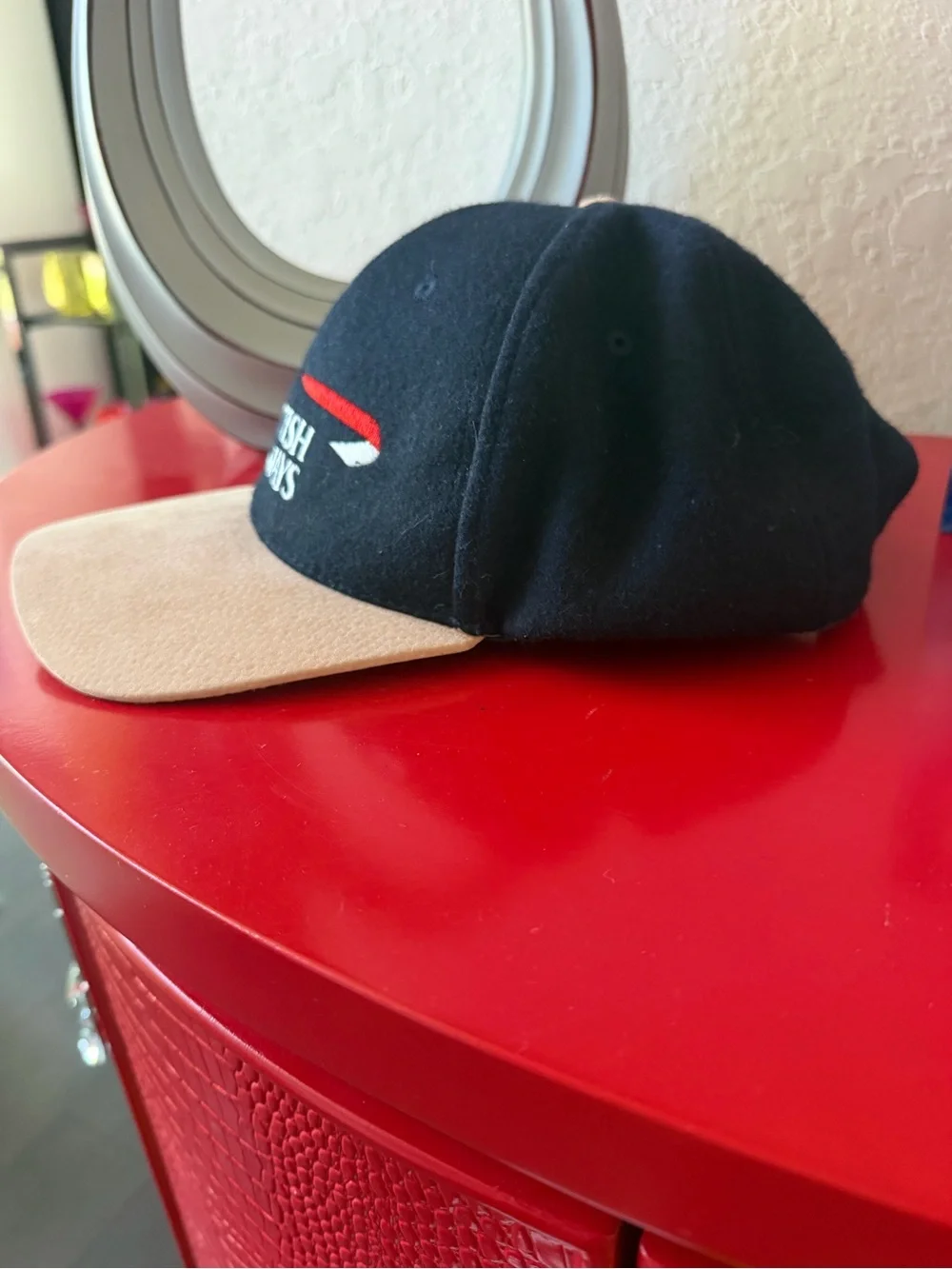 Vintage British Airways Hat Cap Embroidered Wool Snapback Navy Tan Suede